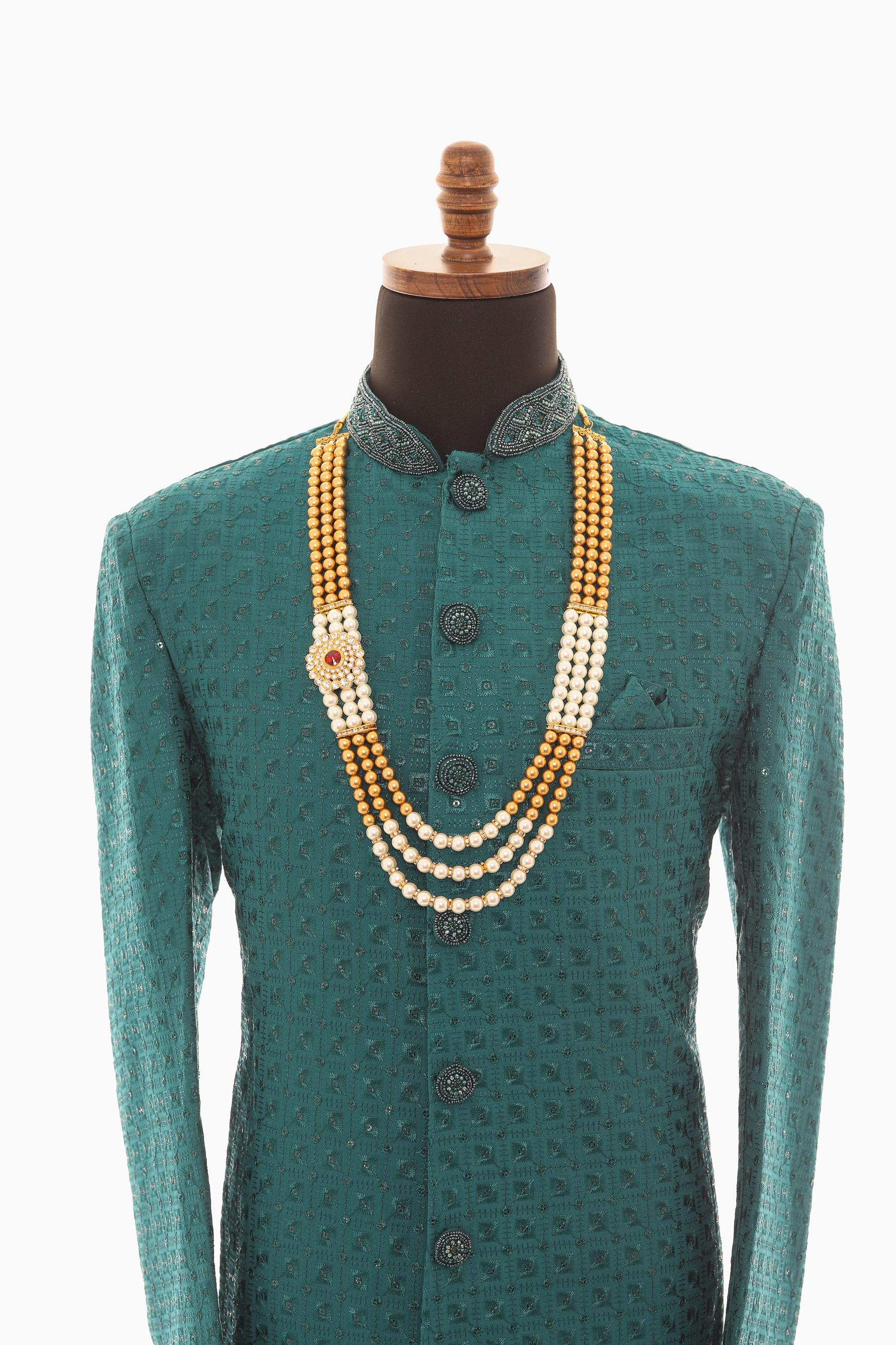 Men's Sherwani Pearl Bead Necklace Gold Multi-Strand Mala For Wedding