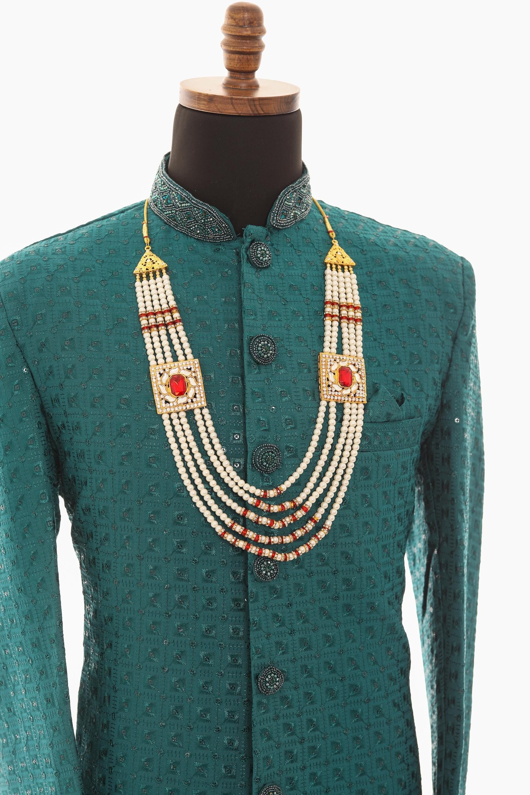 Men White Moti Necklace with Maroon Stone Motifs & Copper Beads – Adjustable Length
