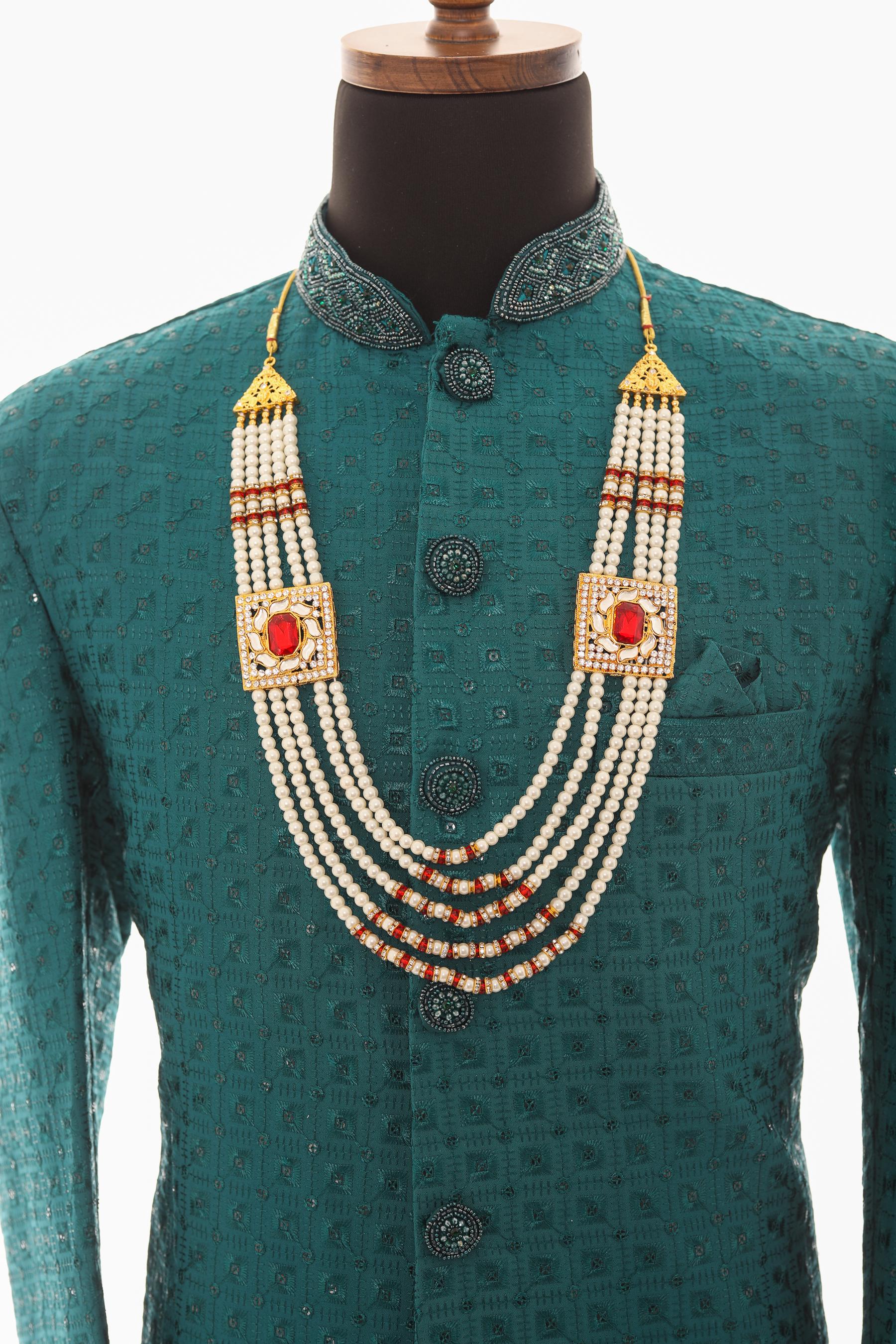 Men White Moti Necklace with Maroon Stone Motifs & Copper Beads – Adjustable Length
