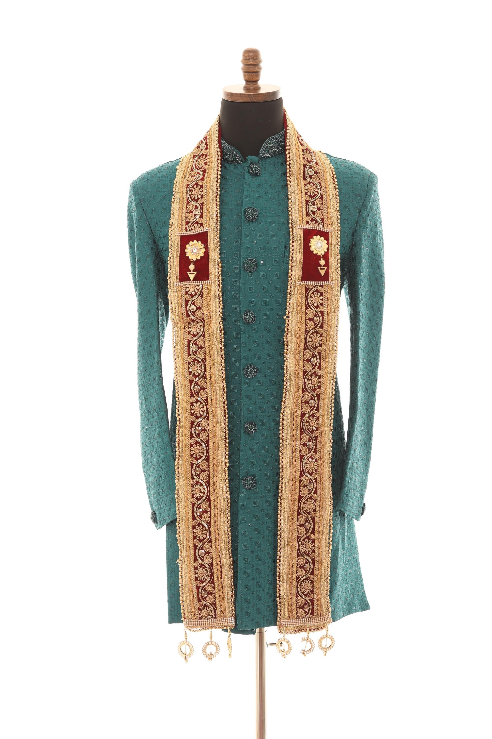 Men Embroidered Wedding Stole – Maroon & Gold Sherwani Scarf
