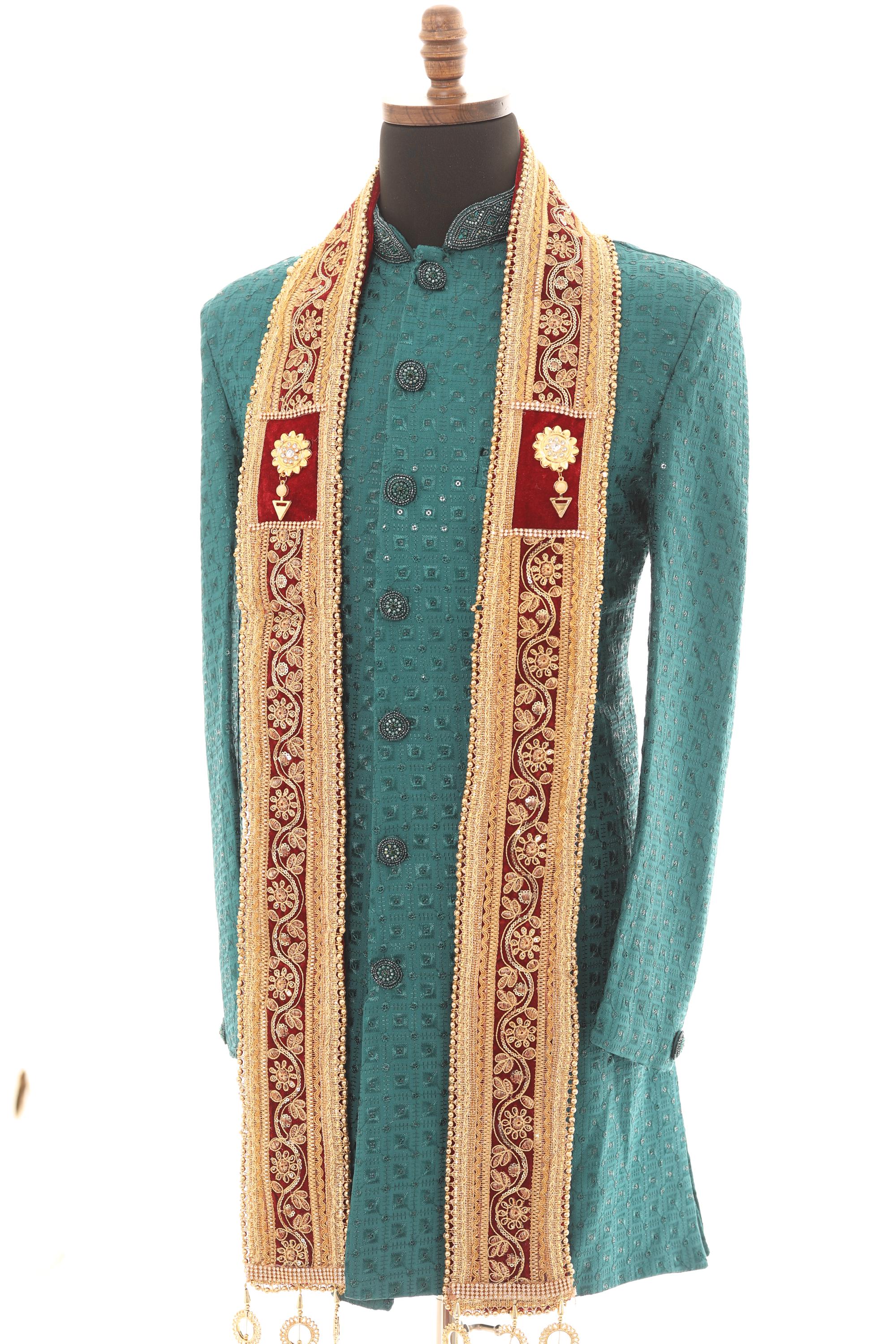 Men Embroidered Wedding Stole – Maroon & Gold Sherwani Scarf
