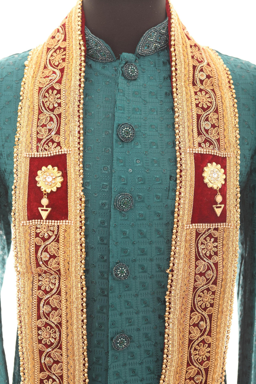 Men Embroidered Wedding Stole – Maroon & Gold Sherwani Scarf