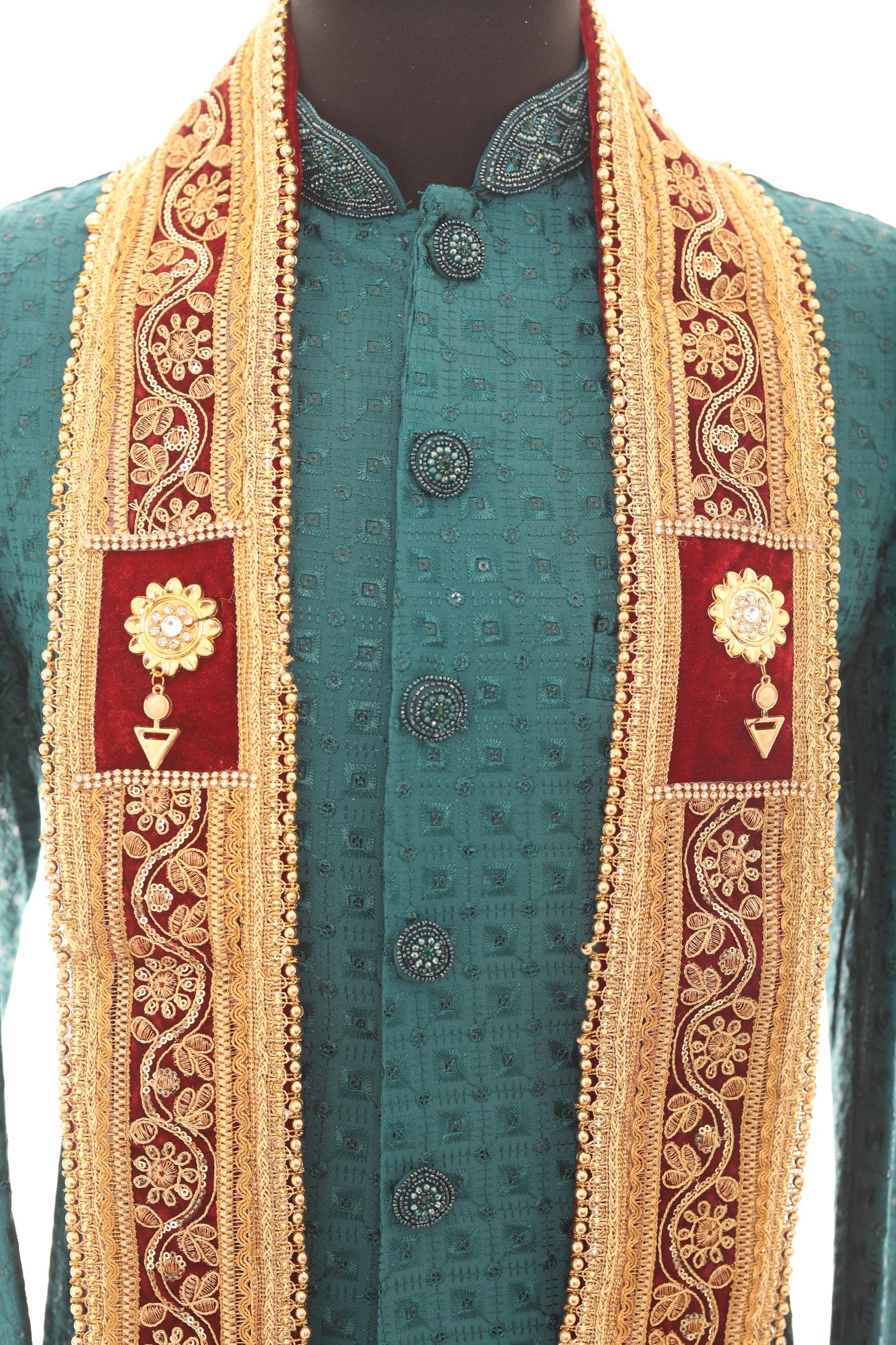 Men Embroidered Wedding Stole – Maroon & Gold Sherwani Scarf