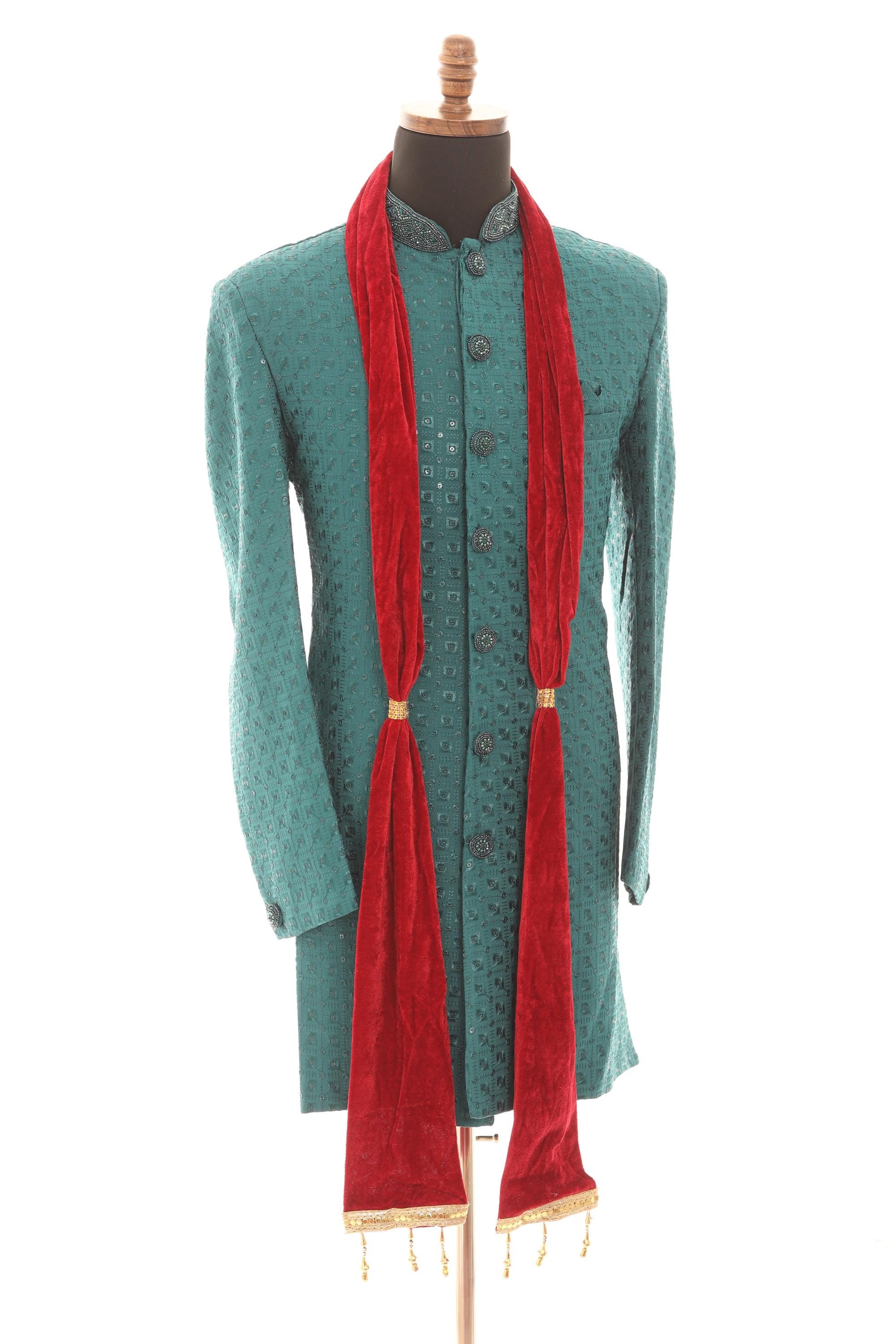 Men Velvet Wedding Stole – Maroon Groom Scarf for Sherwani