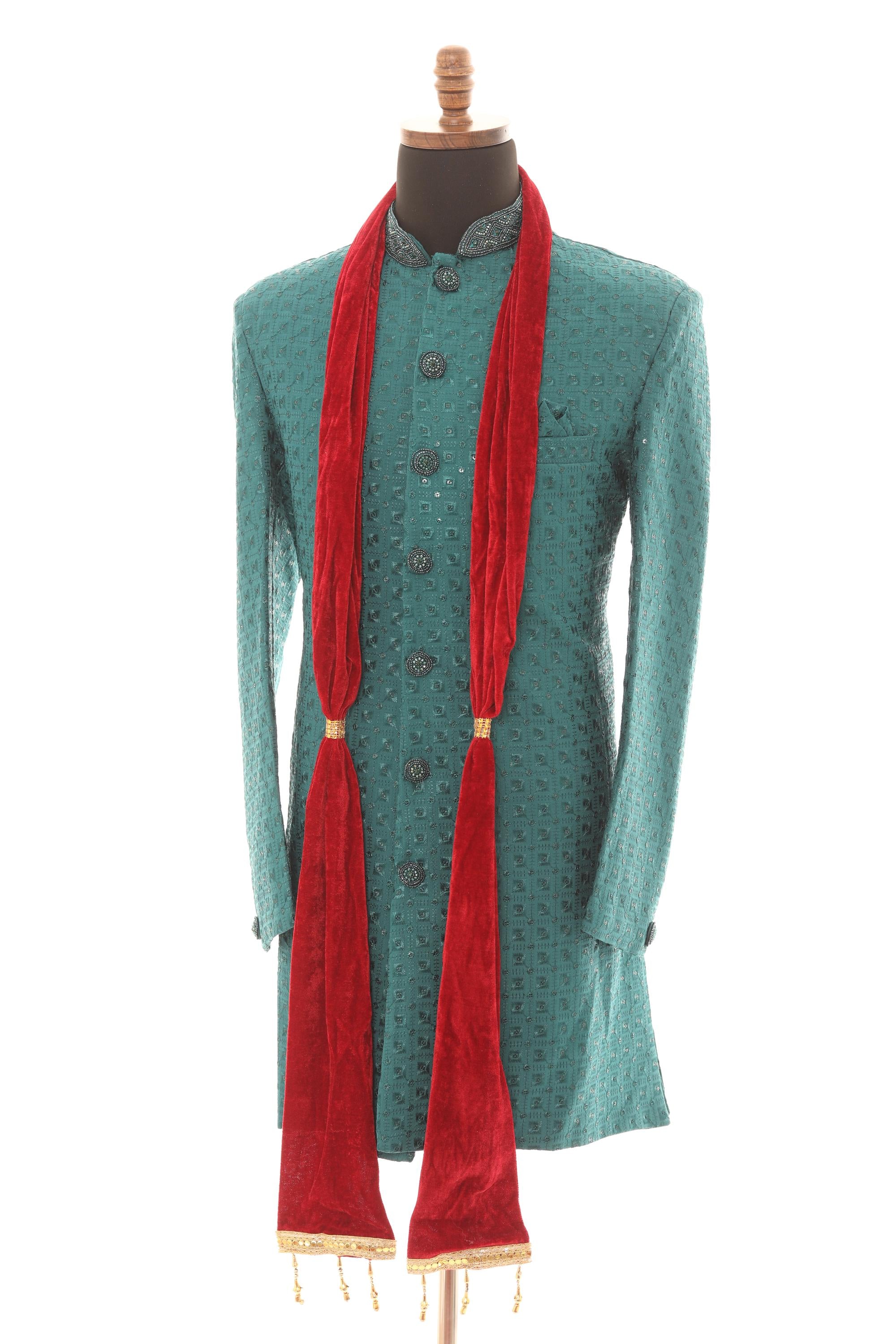 Men Velvet Wedding Stole – Maroon Groom Scarf for Sherwani