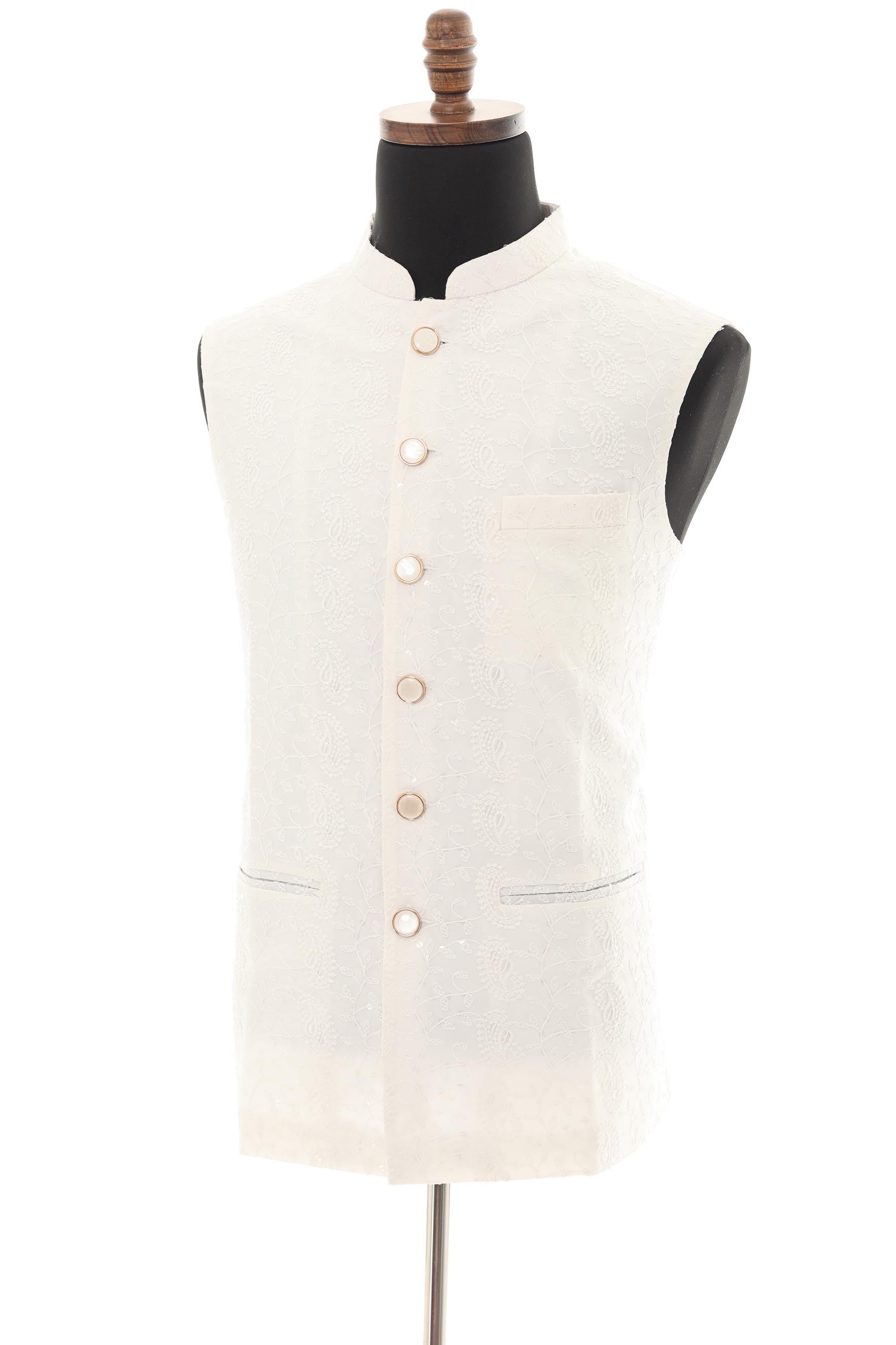 White Nehru Vest with Self Floral Paisley Embroidery