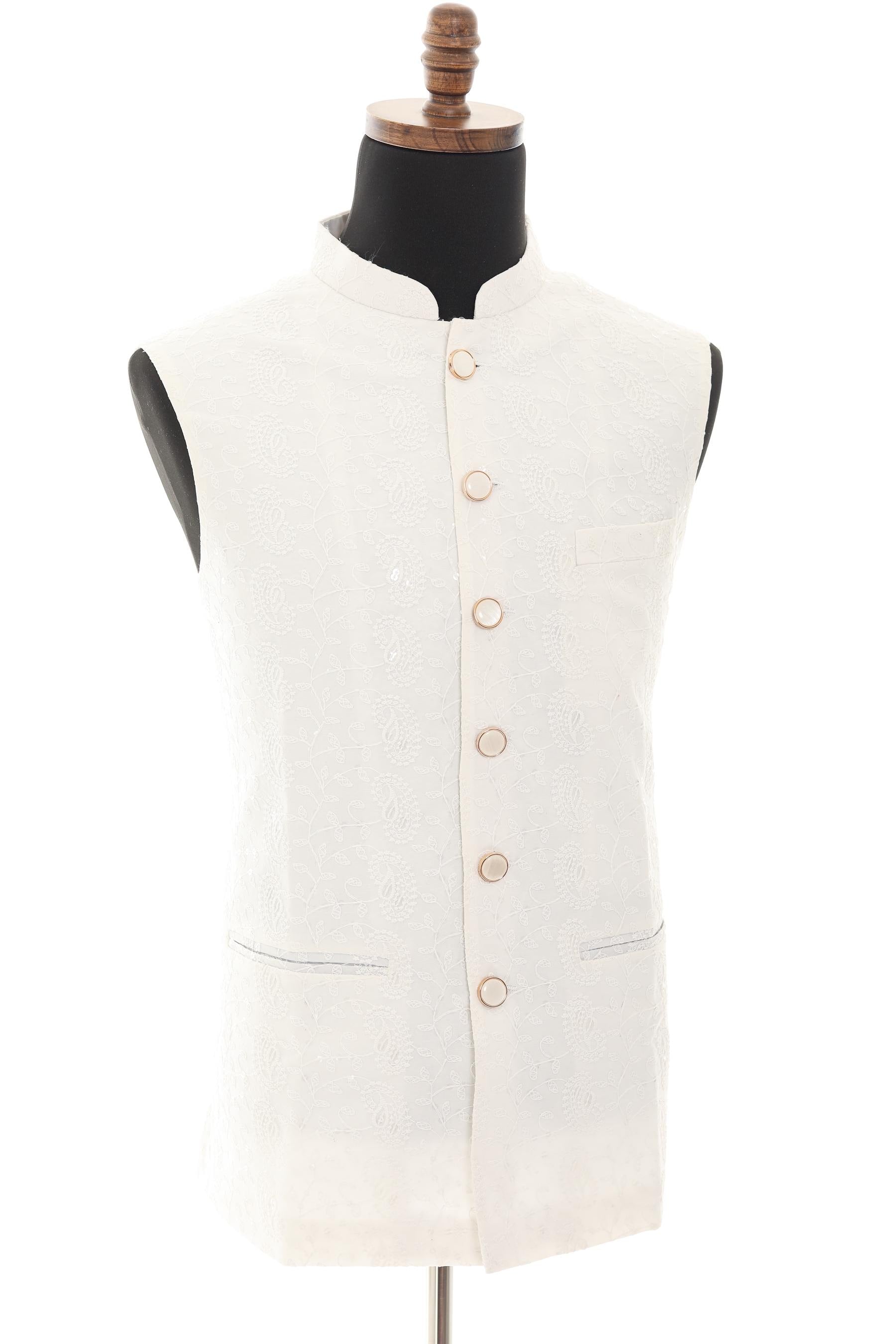White Nehru Vest with Self Floral Paisley Embroidery