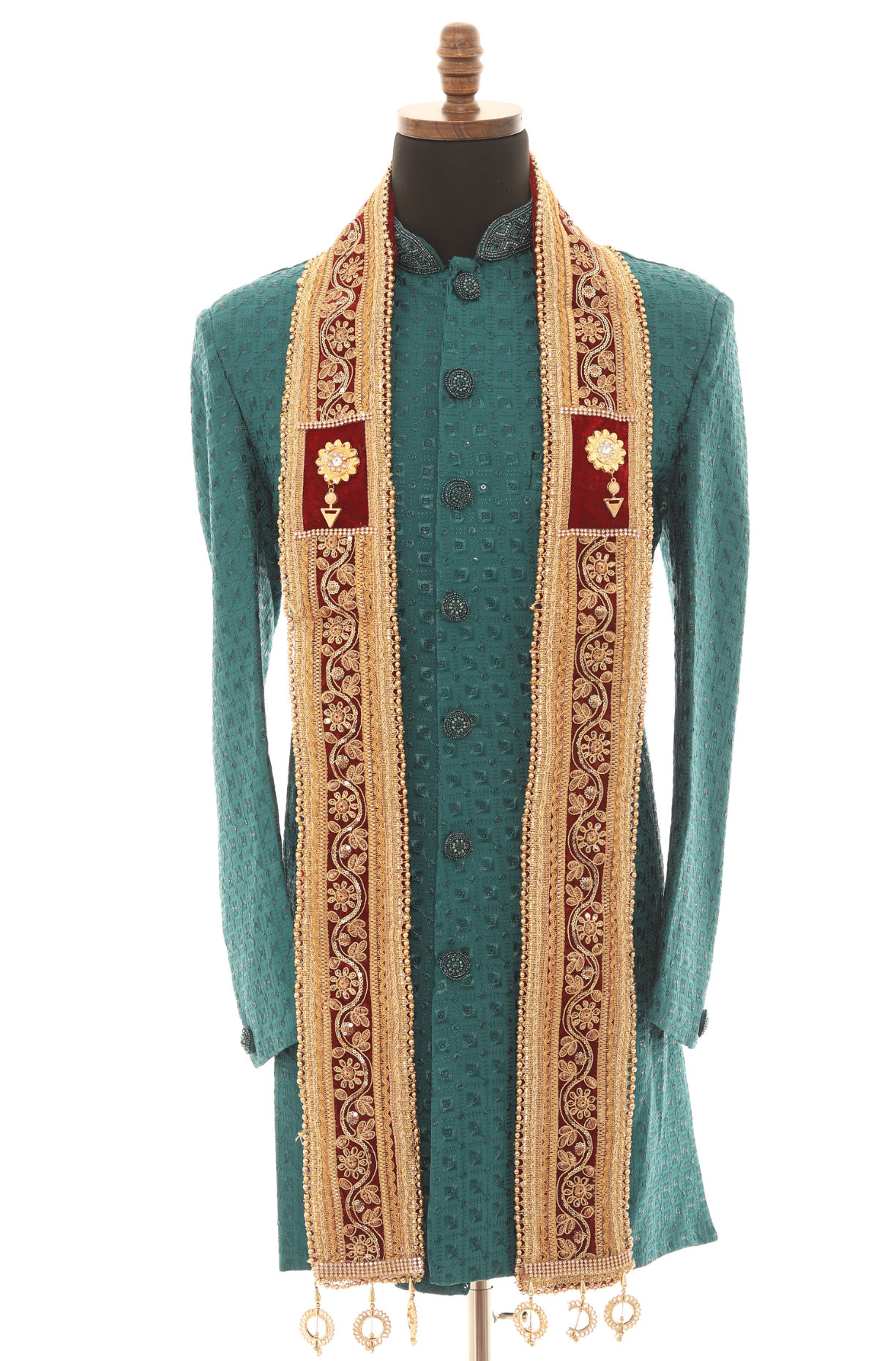 Men Embroidered Wedding Stole – Maroon & Gold Sherwani Scarf