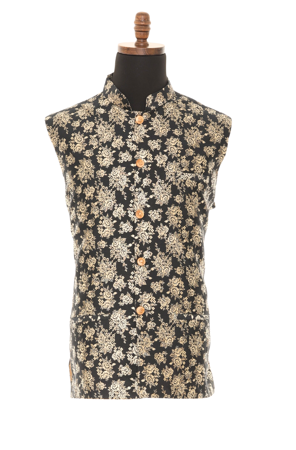 Men's Black & Gold Nehru Jacket, Sleeveless Jacket