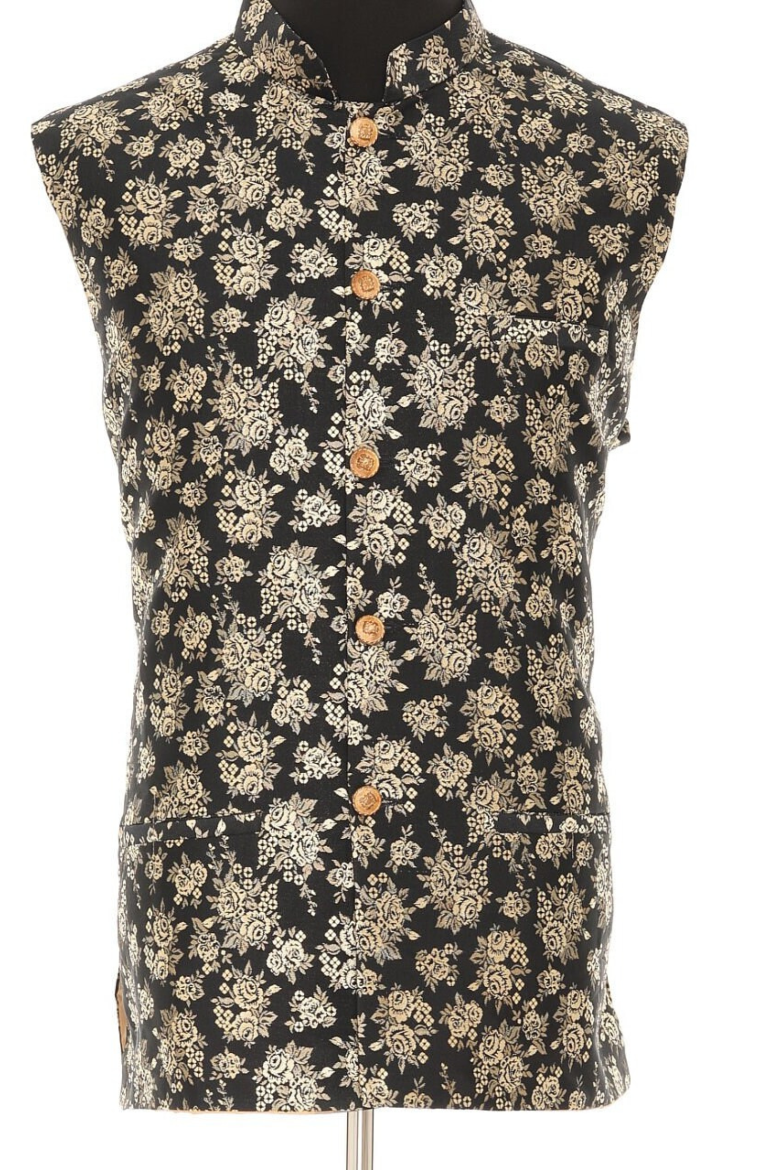 Men's Black & Gold Nehru Jacket, Sleeveless Jacket